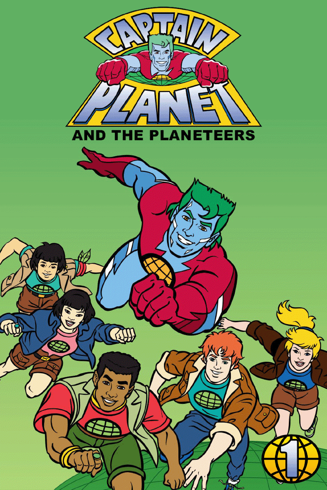 Captain Planet flying with fist raised