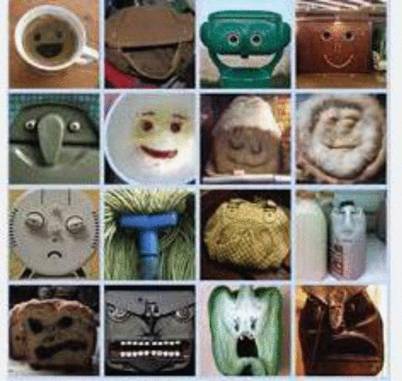 Examples of priors making us 'see' familiar shapes in ambiguous images — faces in objects, figures in noise